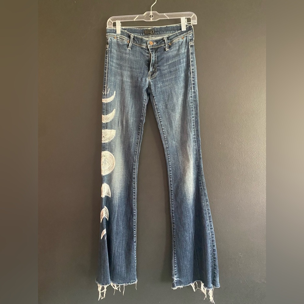 Women's Blue Jeans with Hand-Painted Moon Phase Design